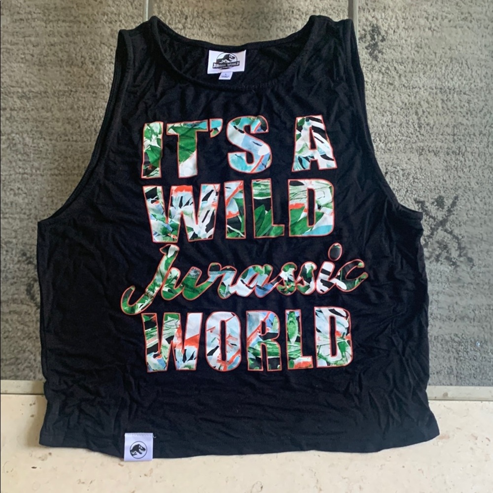 Black Sleeveless Crop Muscle Tee with Graphic Design It’s A Wild Jurassic World